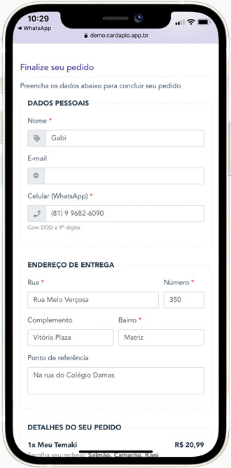 Finalizando o pedido no cardápio online